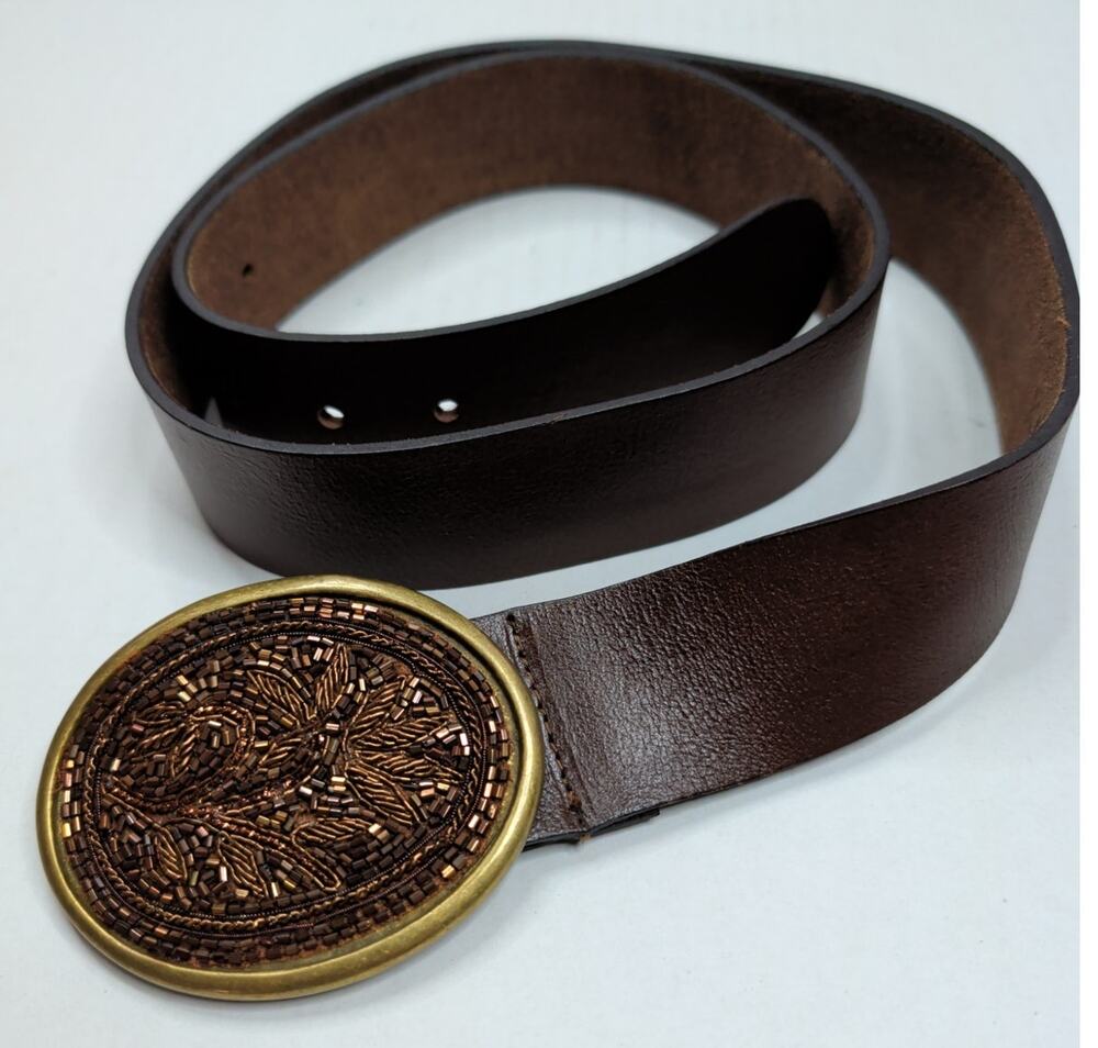 Full Grain Leather Belt Western Beaded Applique Floral Brass Buckle 44" 1.5"